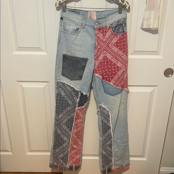 REVICE Patchwork Straight Leg Jeans with Red and Blue - Picture 1 of 5